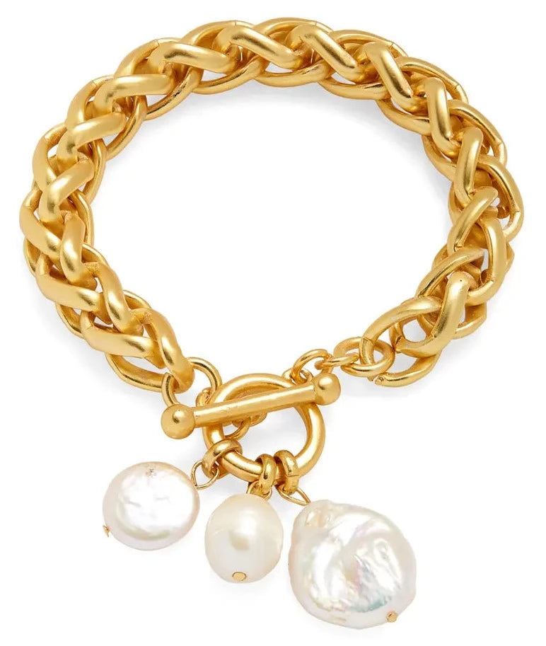 Braided link bracelet with multiple genuine pearl charms - Karine Sultan