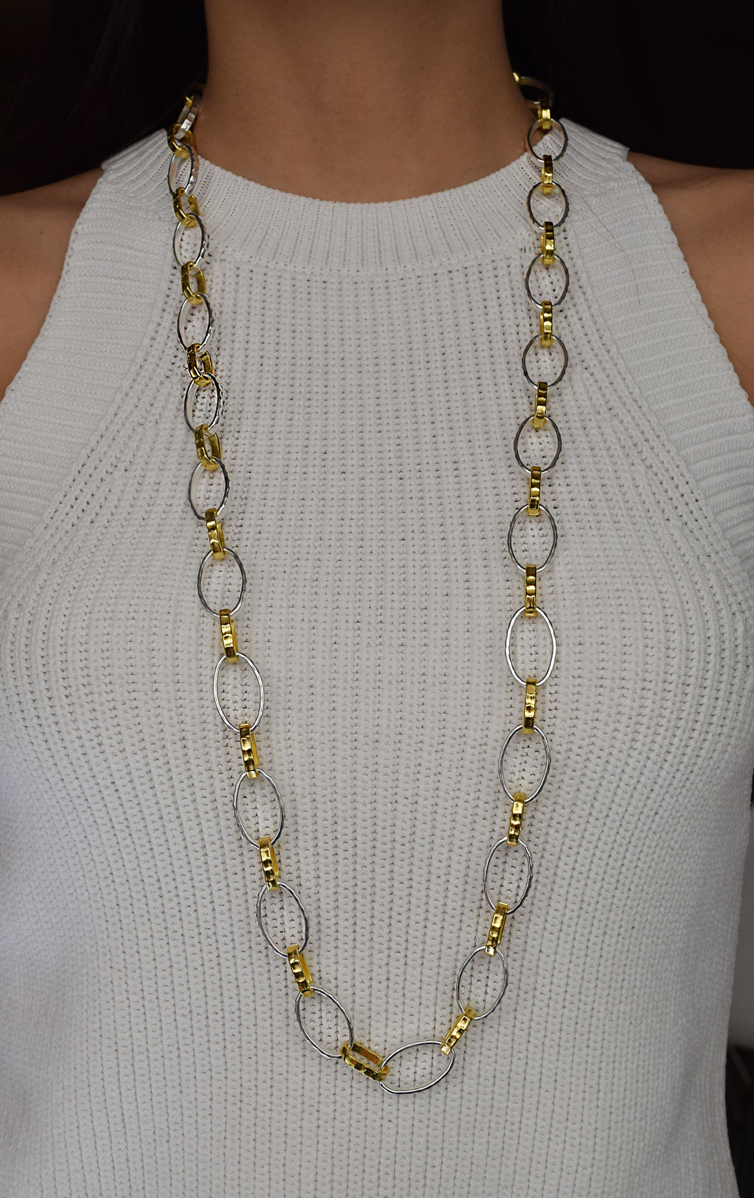 Mixed metal hammered links long necklace