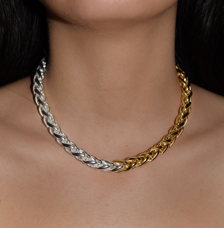 Mixed metals braided link chain necklace
