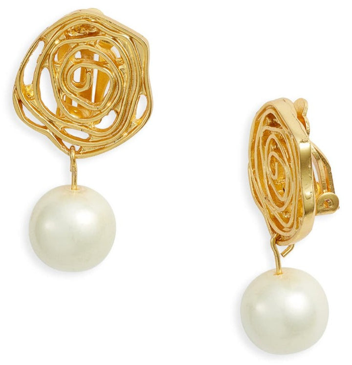 Swirling rose with pearl drop clip-on earrings - Karine Sultan