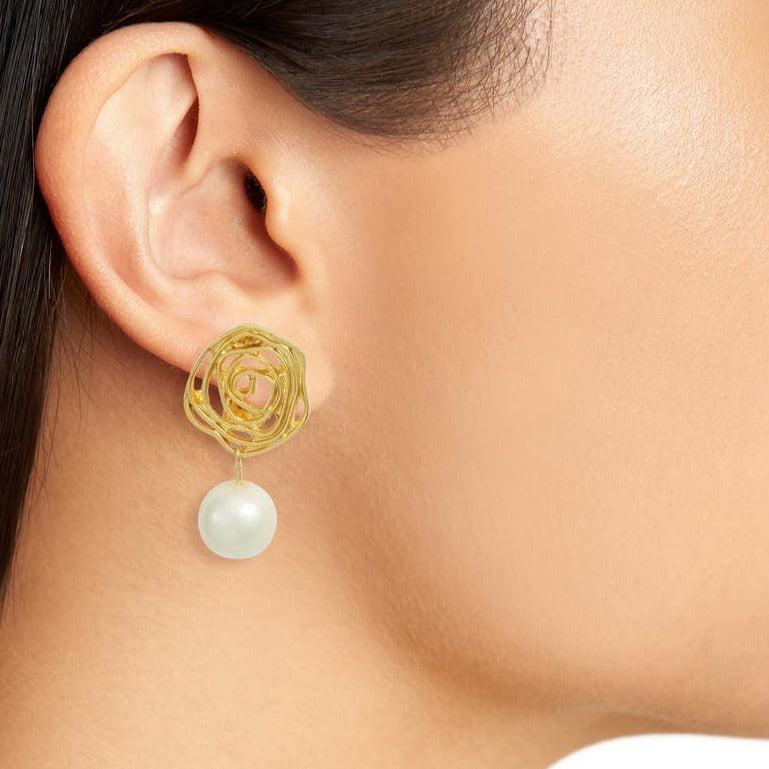 Swirling rose with pearl drop clip-on earrings - Karine Sultan