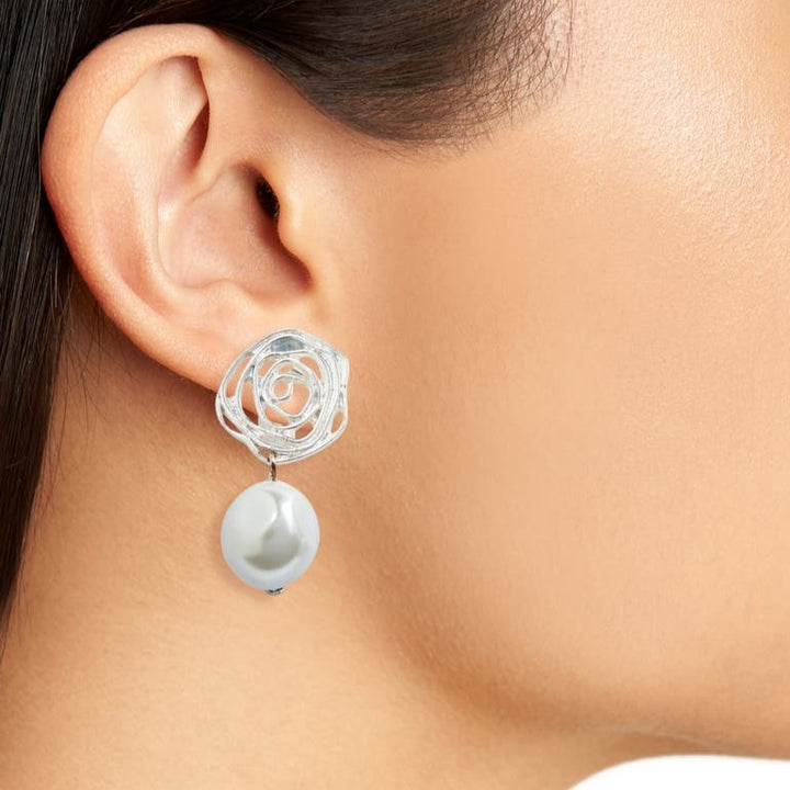 Swirling rose with pearl drop clip-on earrings - Karine Sultan