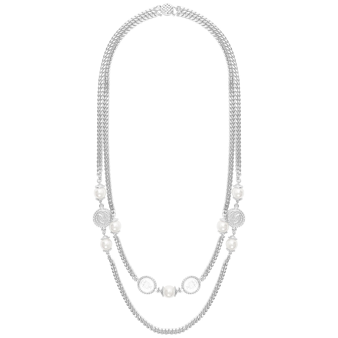 Layered Curb Link Pearl and Coin Necklace - Karine Sultan