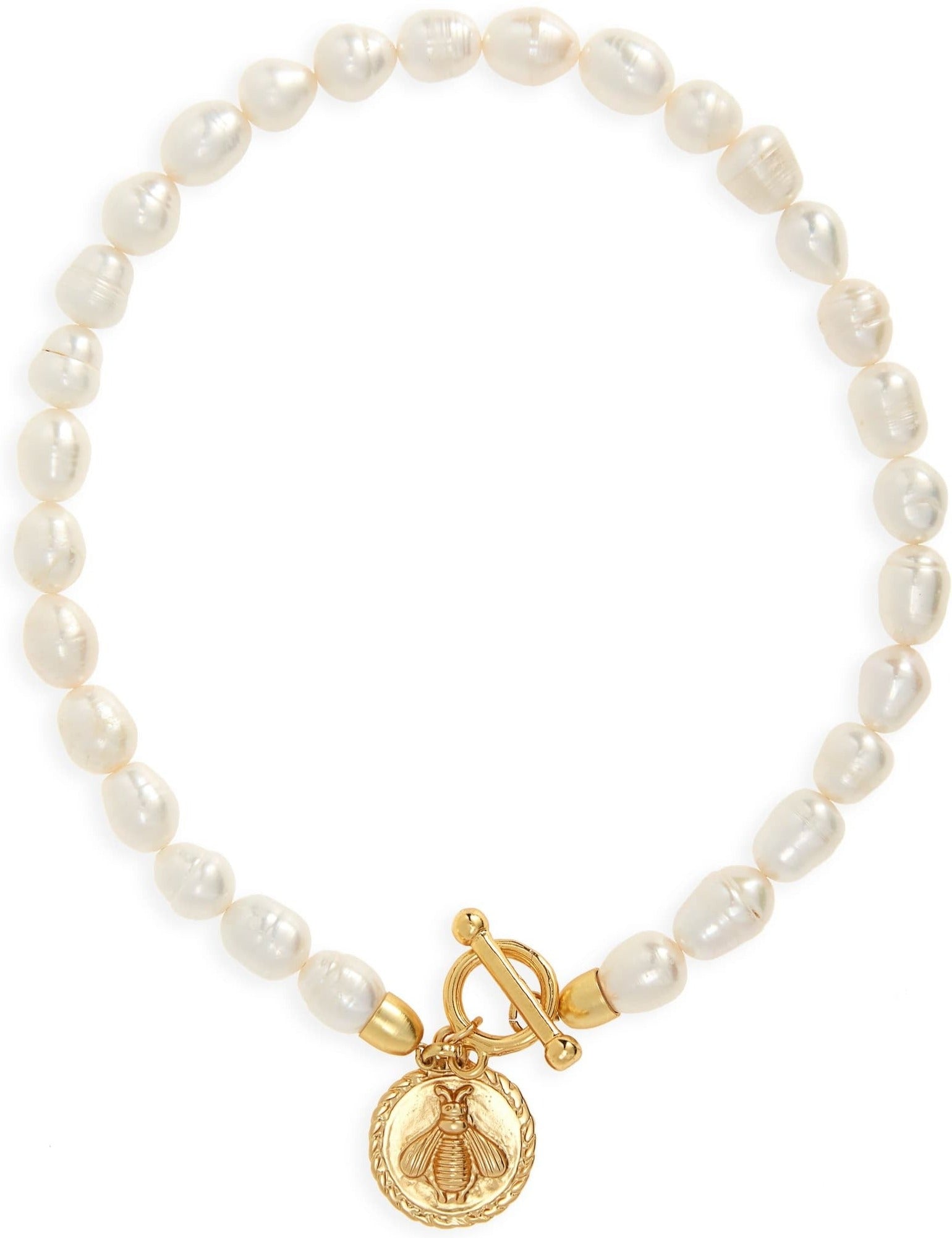 Fresh water pearl strand & bee coin pendant - Karine Sultan