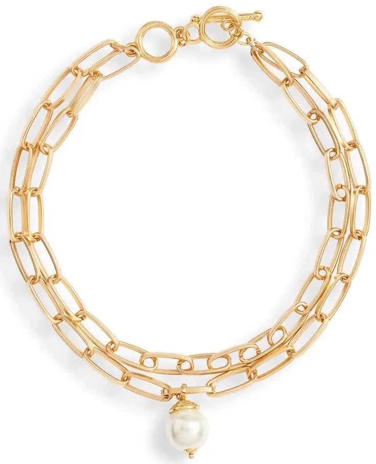 Polished link layered necklace with pearl drop - Karine Sultan