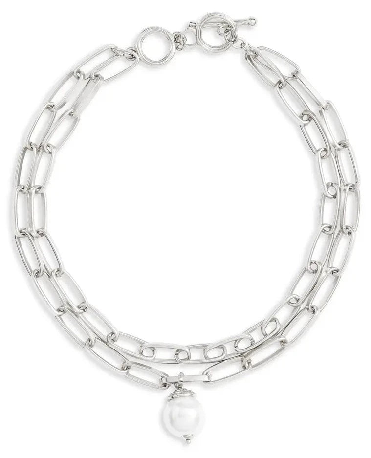 Polished link layered necklace with pearl drop - Karine Sultan
