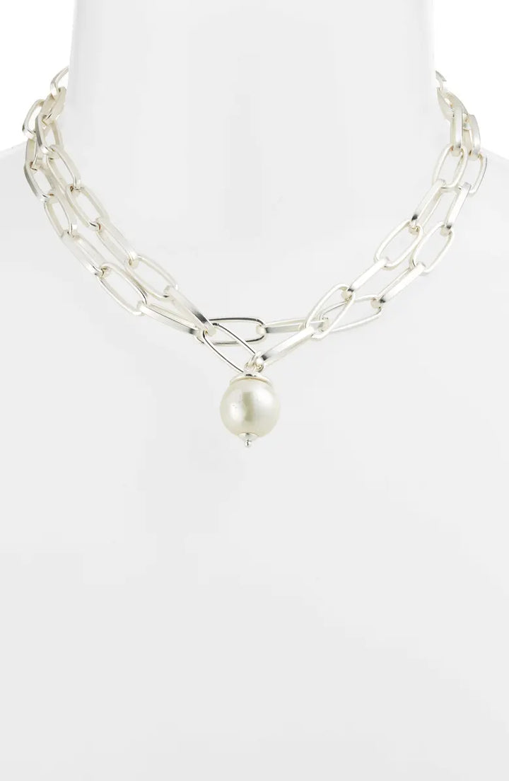 Polished link layered necklace with pearl drop - Karine Sultan