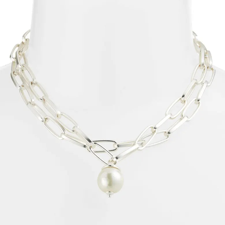 Polished link layered necklace with pearl drop - Karine Sultan