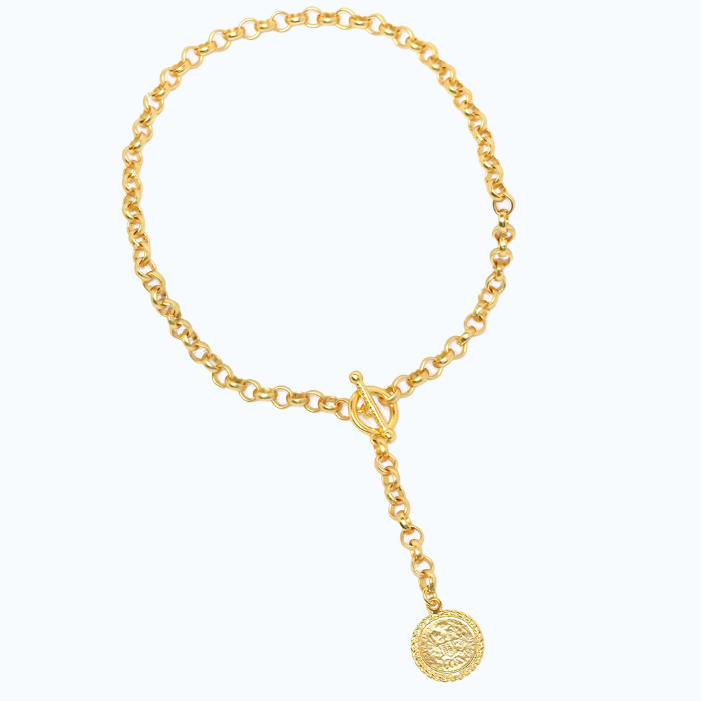 Y link necklace with old world coin pendant