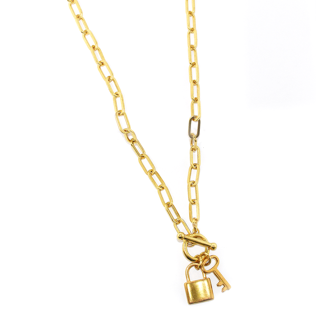 Paperclip link long necklace with padlock charms - Karine Sultan