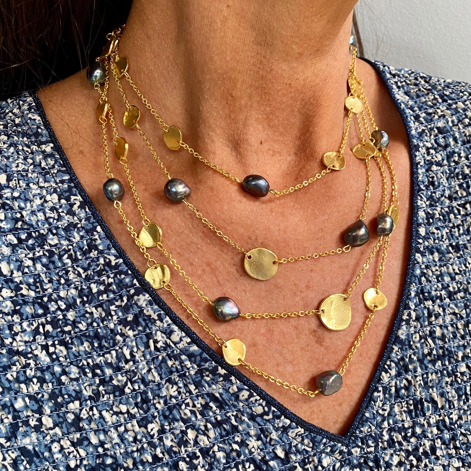 Coin and peacock pearl multi strand necklace - Karine Sultan