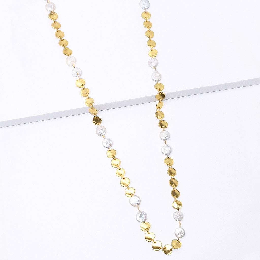 Medallion disc long necklace with flat pearl accent