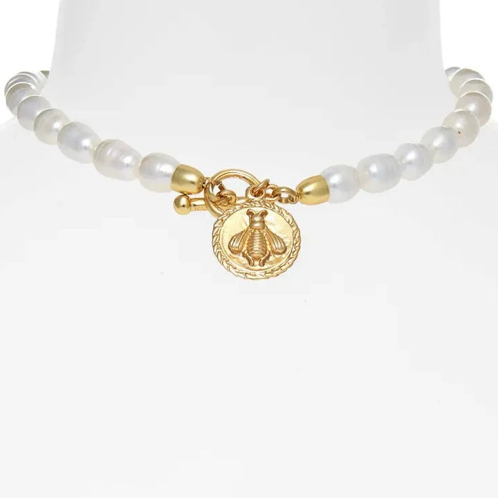 Fresh water pearl necklace with bee pendant - Karine Sultan