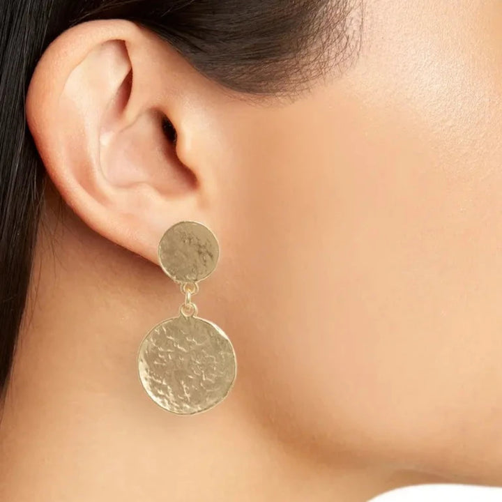 Hammered flat coin drop clip-on earrings - Karine Sultan