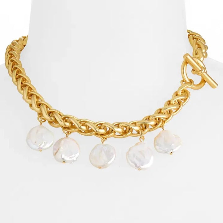 Braided link short necklace with large flat pearl dangles and side clasp - Karine Sultan