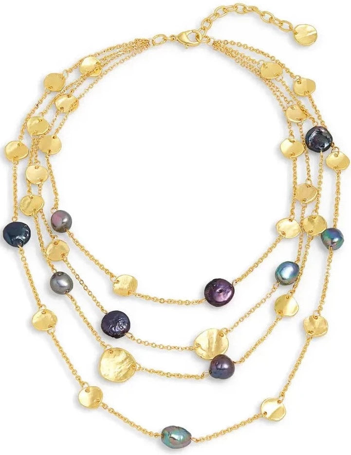 Coin and peacock pearl multi strand necklace - Karine Sultan