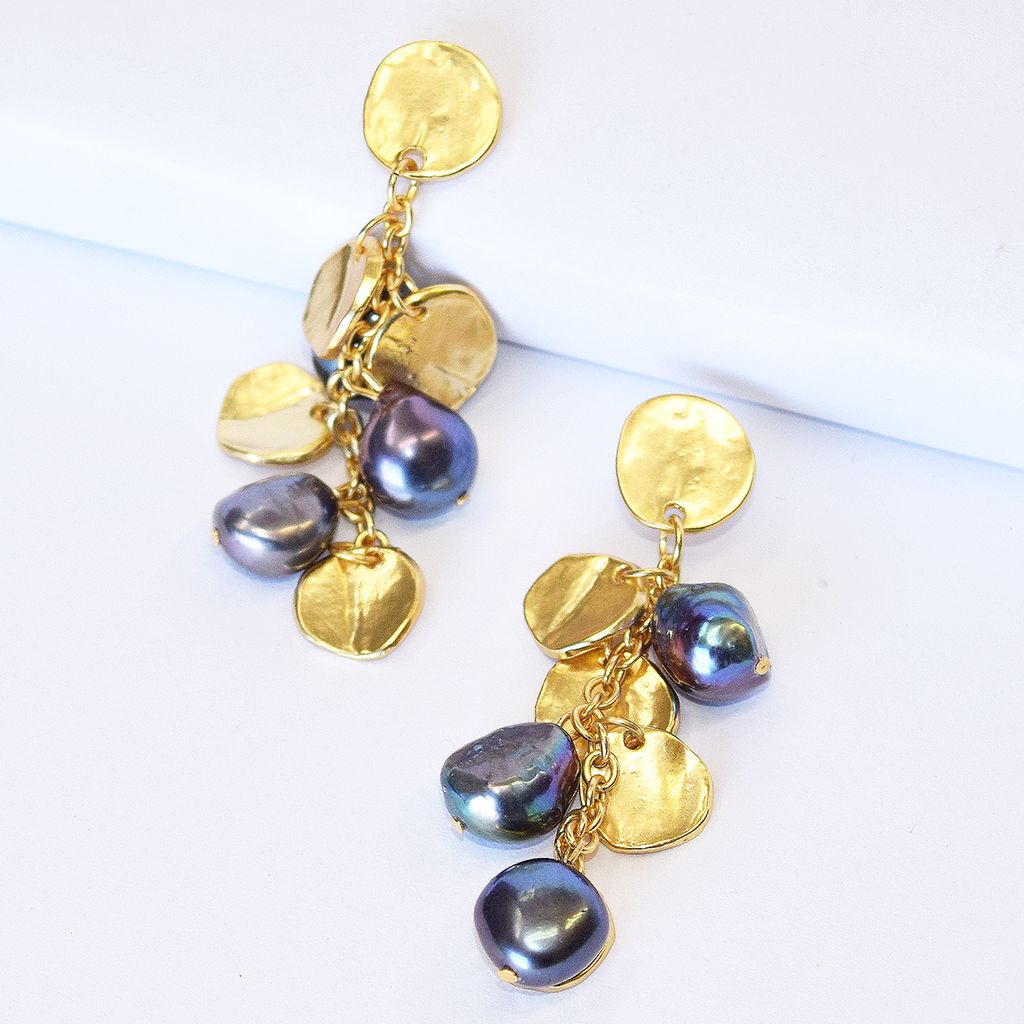 Coin and peacock pearl chandelier earrings - Karine Sultan