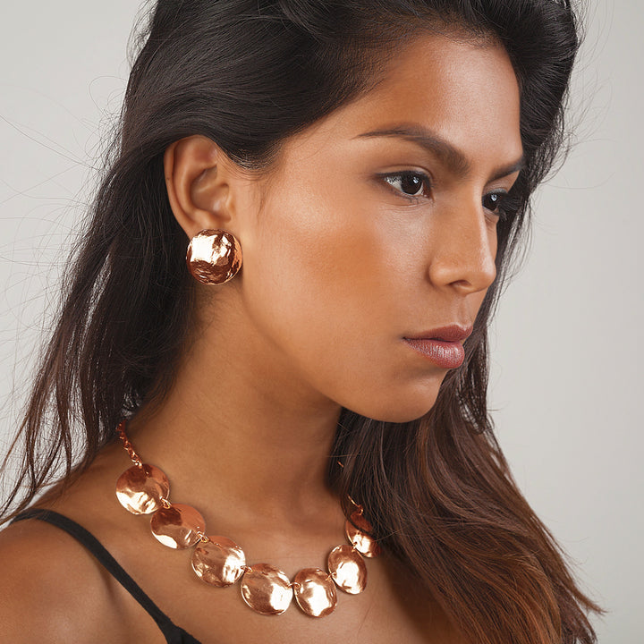 Rose Gold Shell Disc Clip-On Earrings styled with matching hammered disc necklace